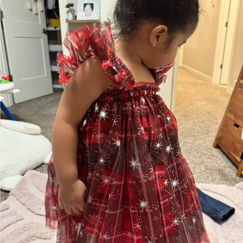 Red Plaid Tulle Dress with Silver Metallic Star Accents